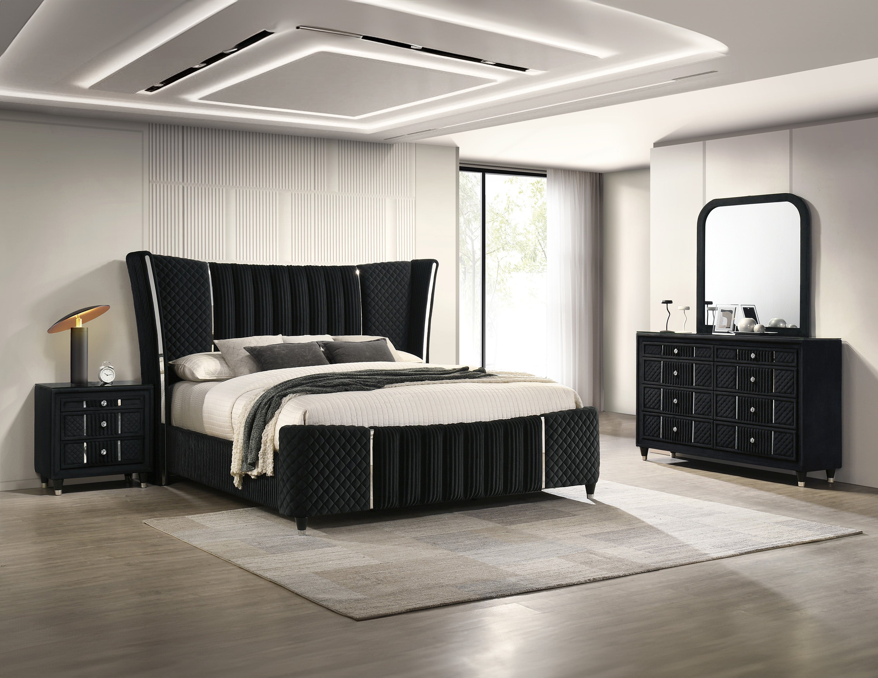 Armany Black Velvet Upholstered Bedroom Set