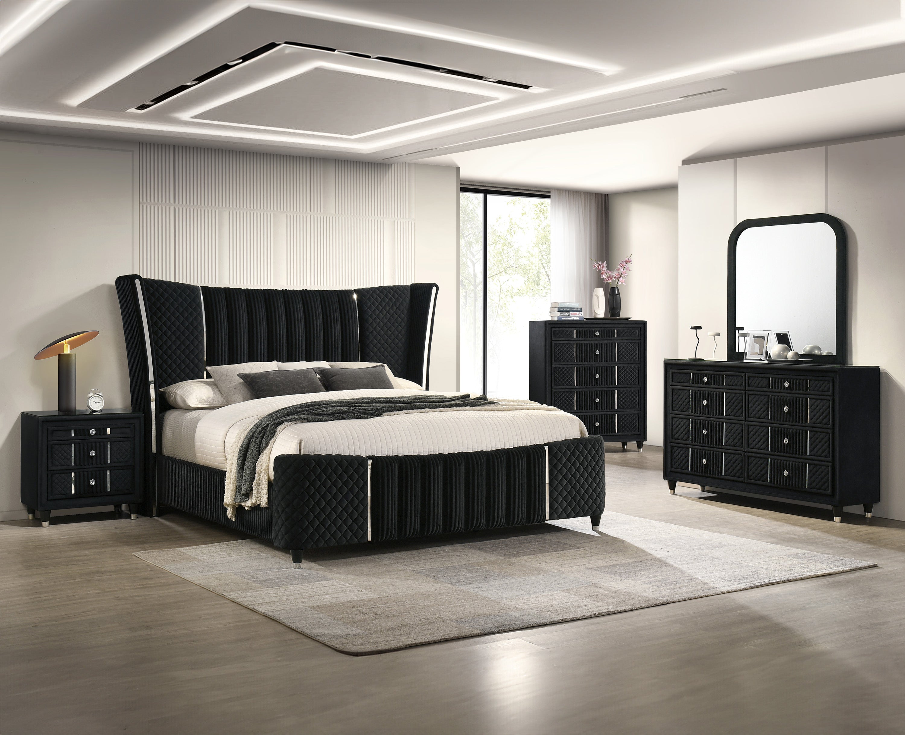 Armany Black Velvet Upholstered Queen Bed