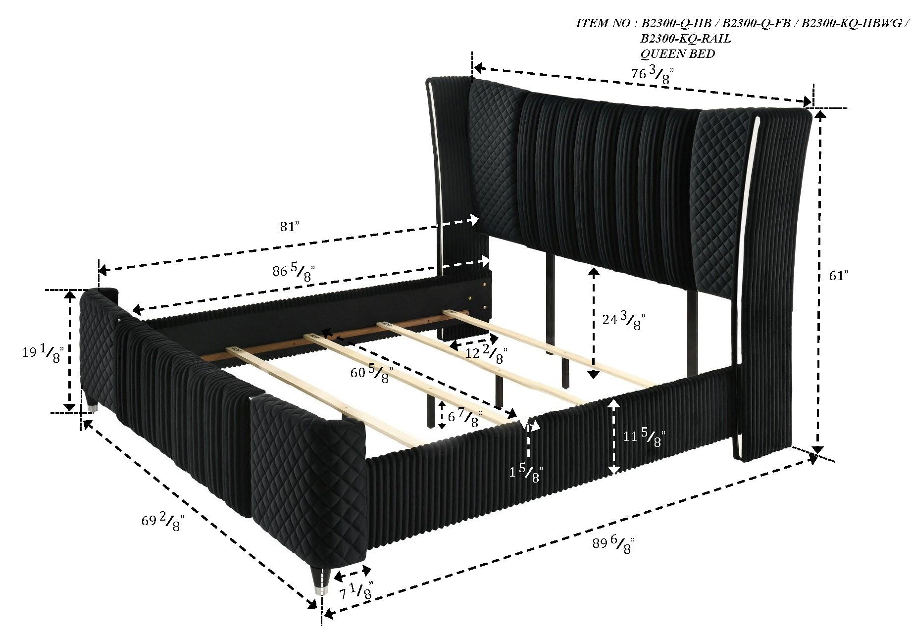 Armany Black Velvet Upholstered Queen Bed