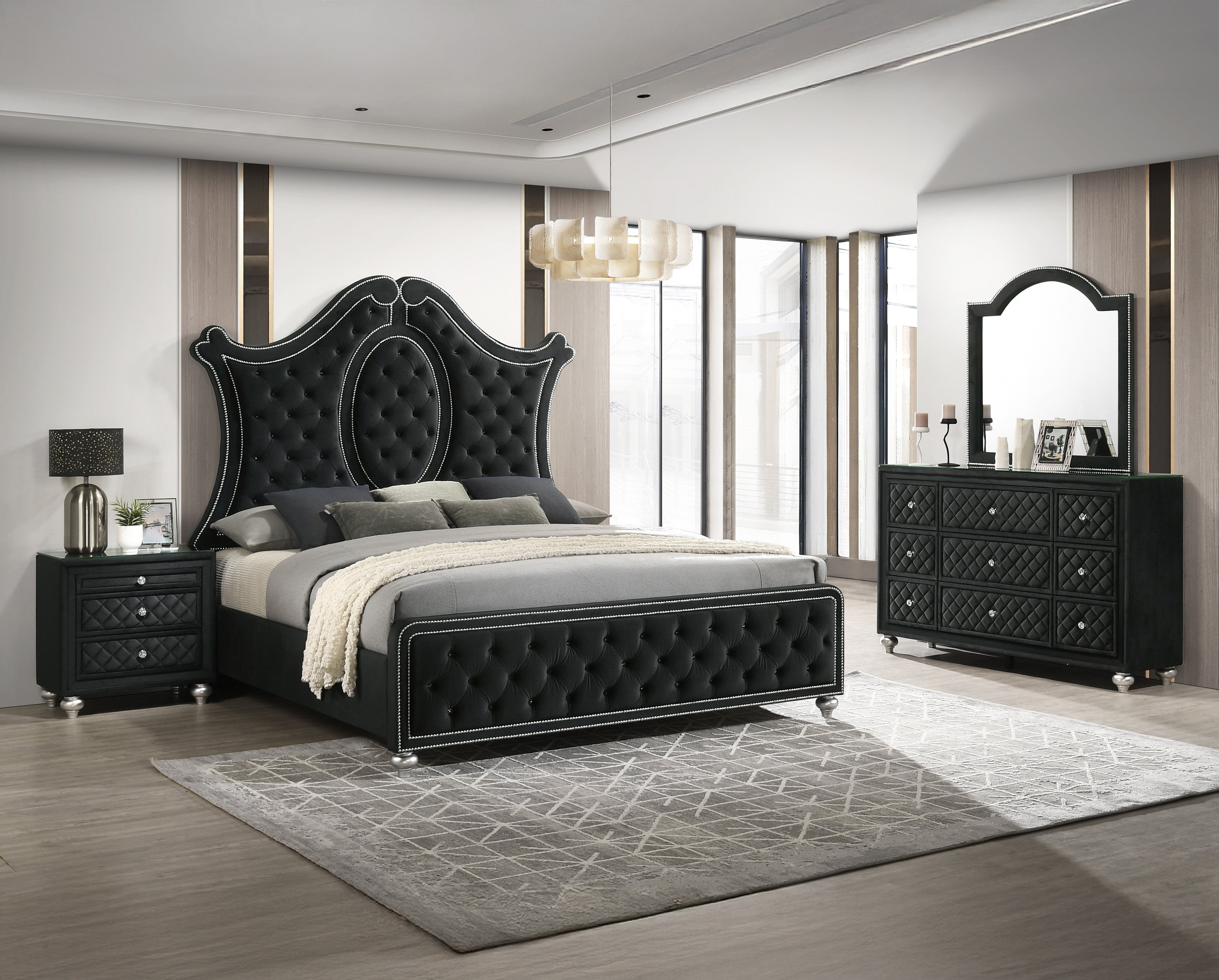 Cameo Black Upholstered Panel Bedroom Set