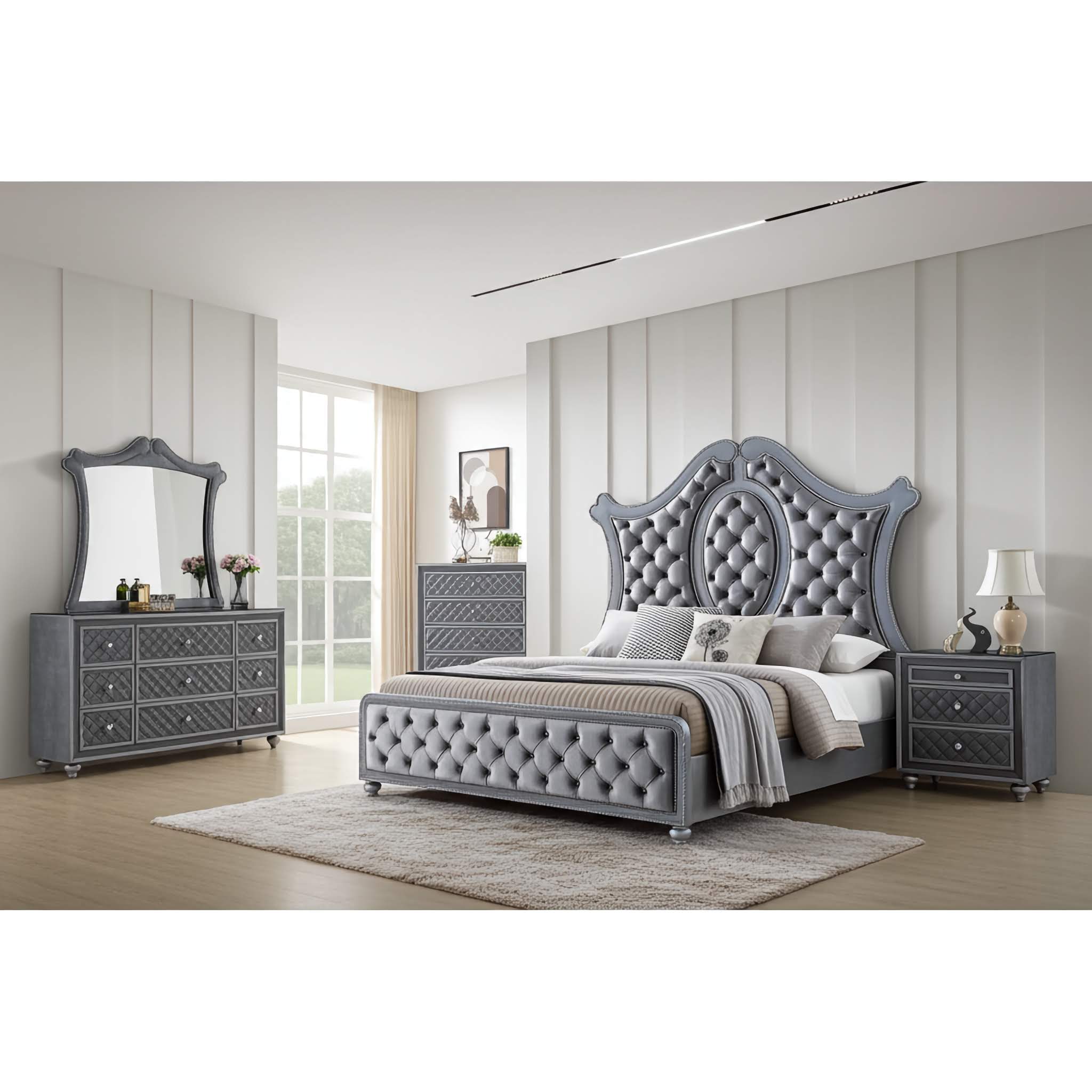 Cameo Gray Upholstered Panel Bedroom Set