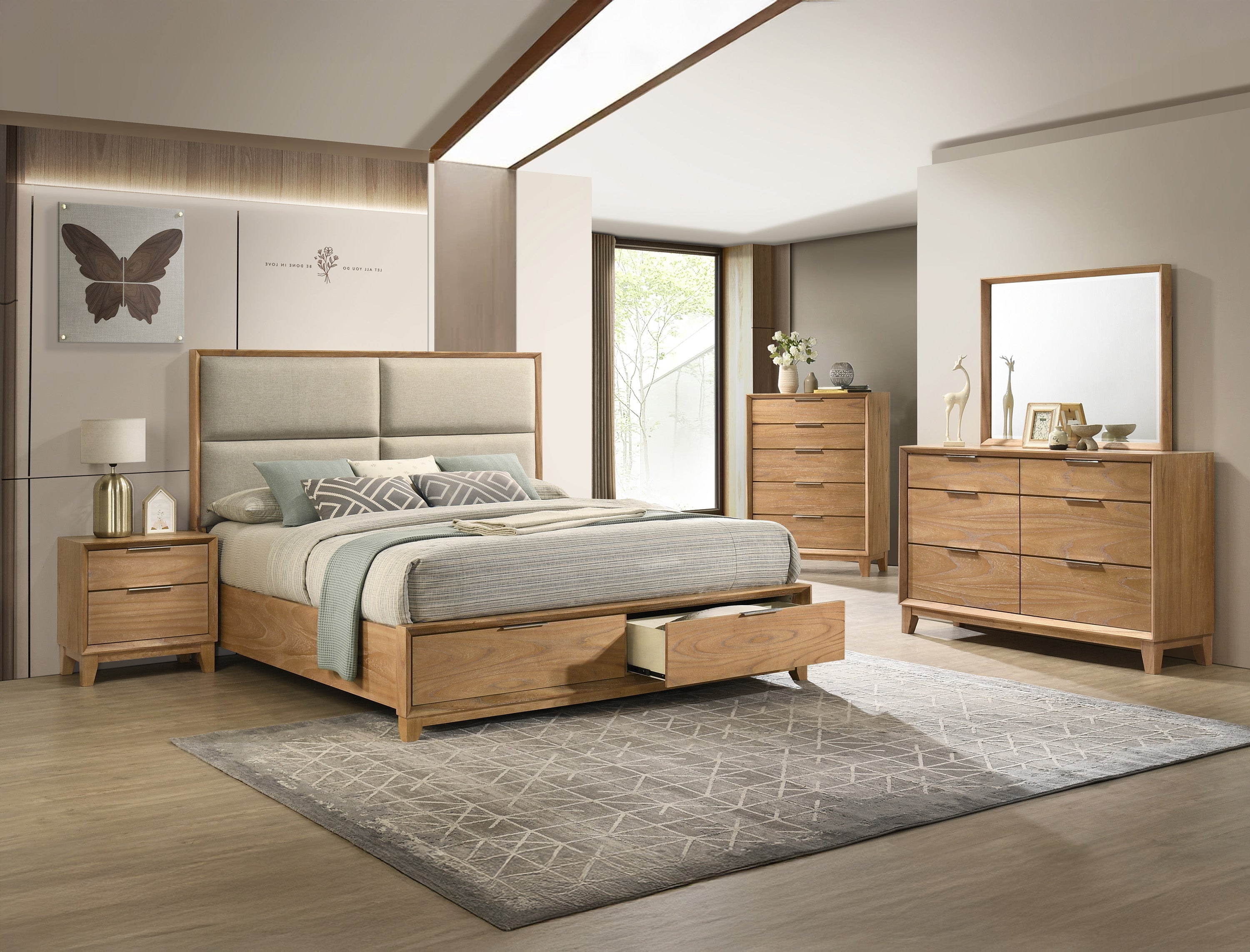 Florian Natural Wood Upholstered Storage Bedroom Set