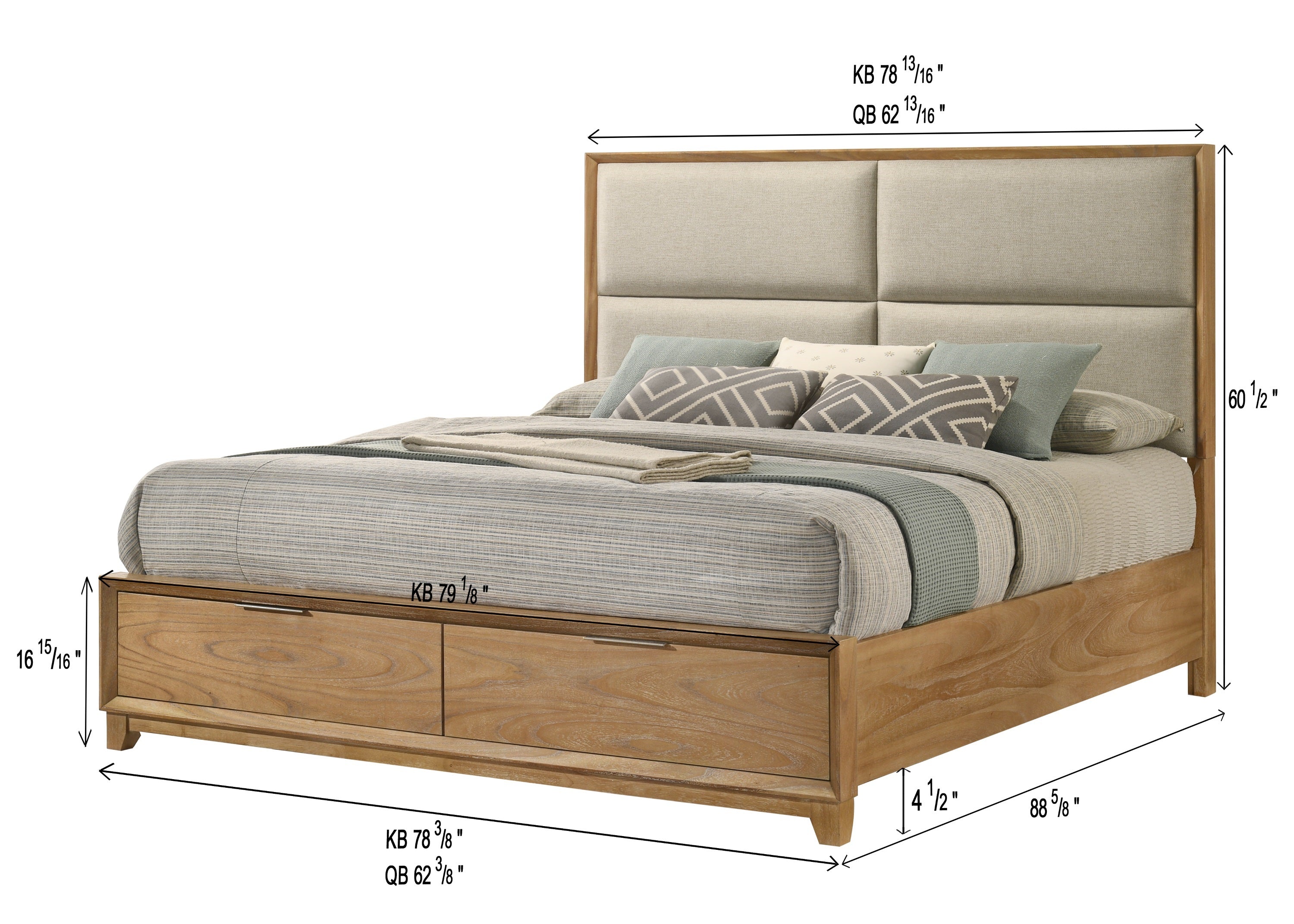 Florian Natural Wood Upholstered King Storage Platform Bed