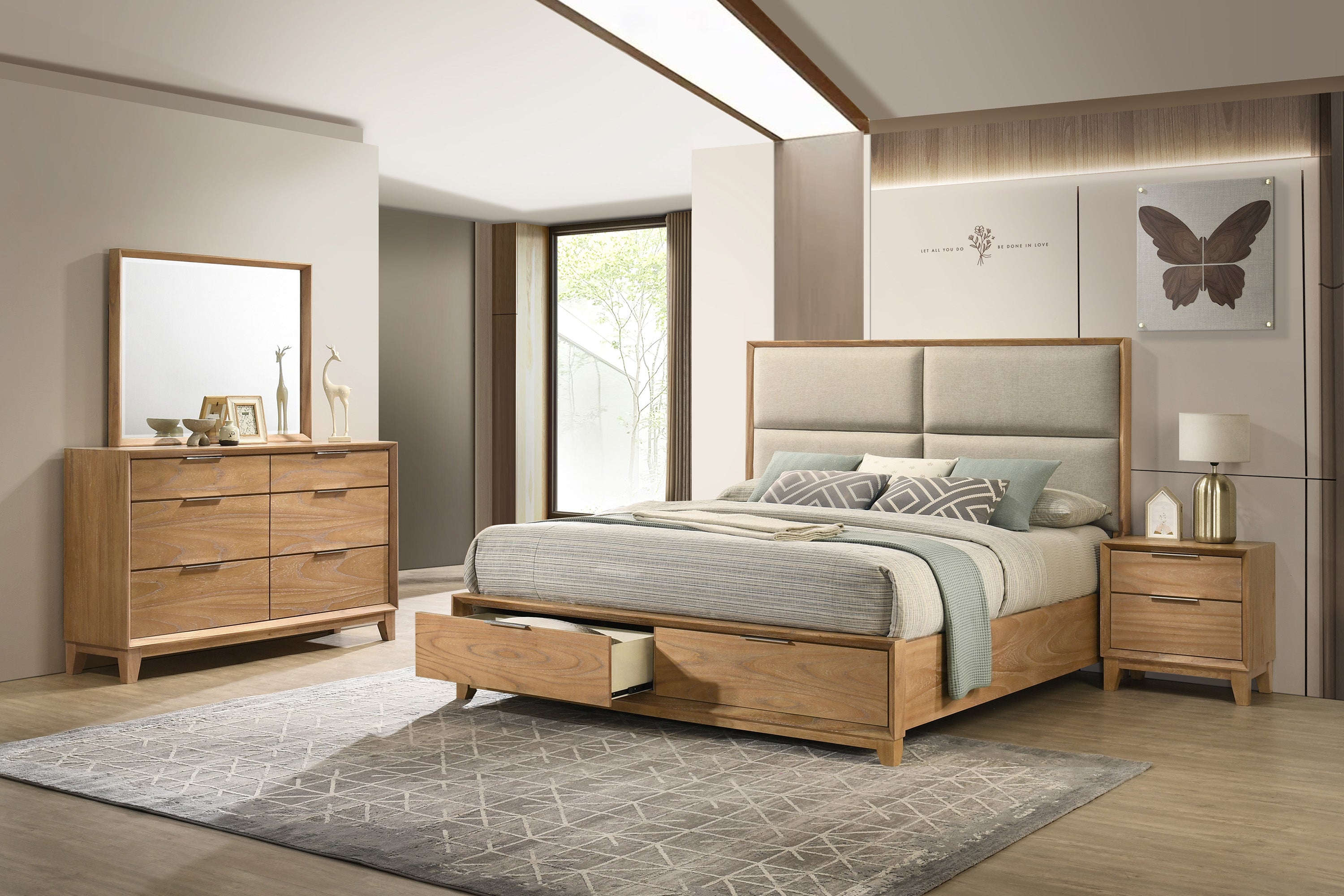 Florian Natural Wood Upholstered King Storage Platform Bed