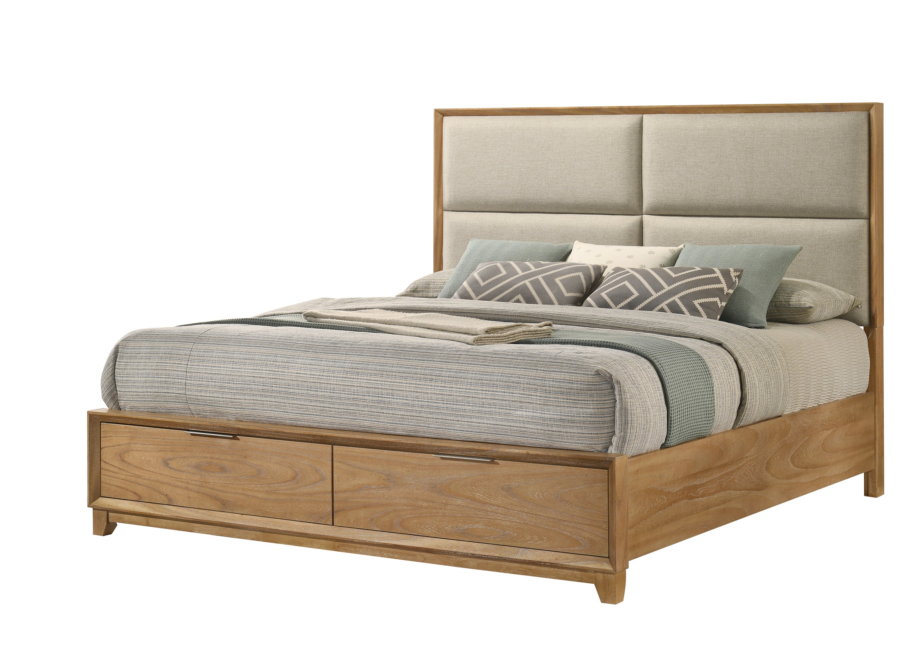 Florian Natural Wood Upholstered King Storage Platform Bed