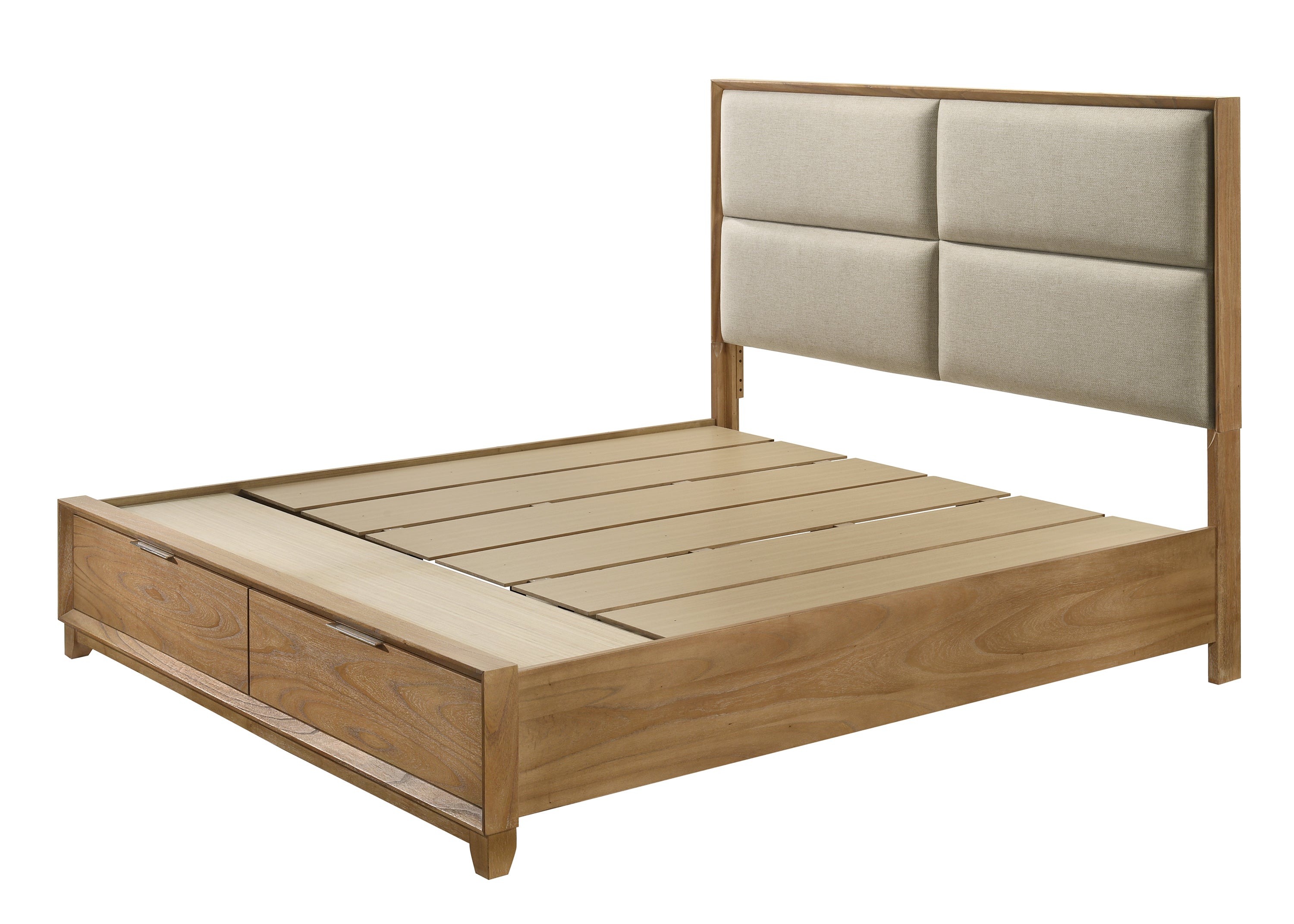 Florian Natural Wood Upholstered King Storage Platform Bed
