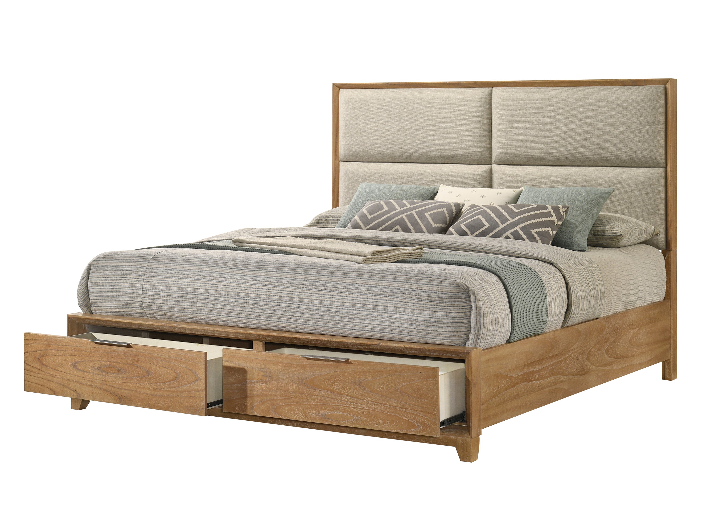 Florian Natural Wood Upholstered King Storage Platform Bed