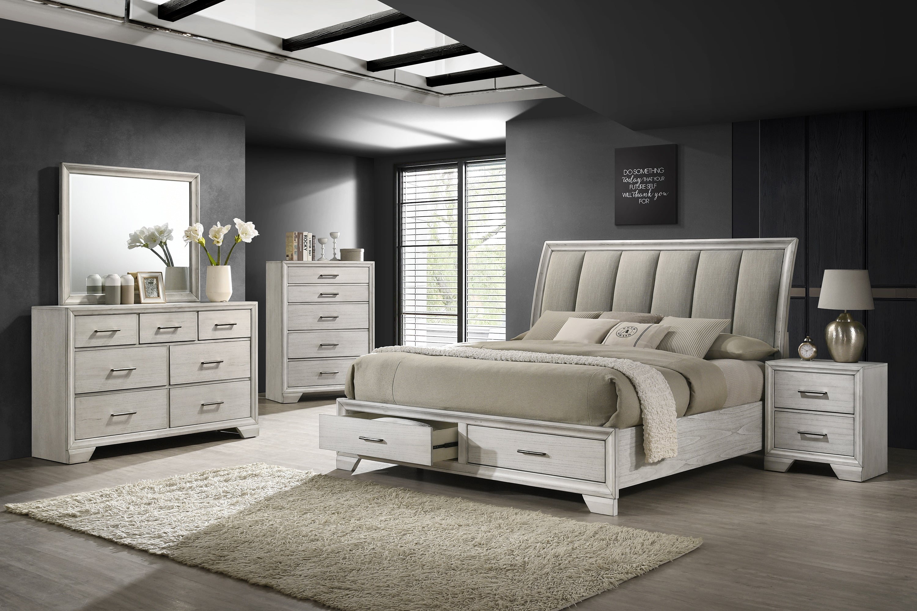 Jaymes White Mist Sleigh Storage Platform Bedroom Set