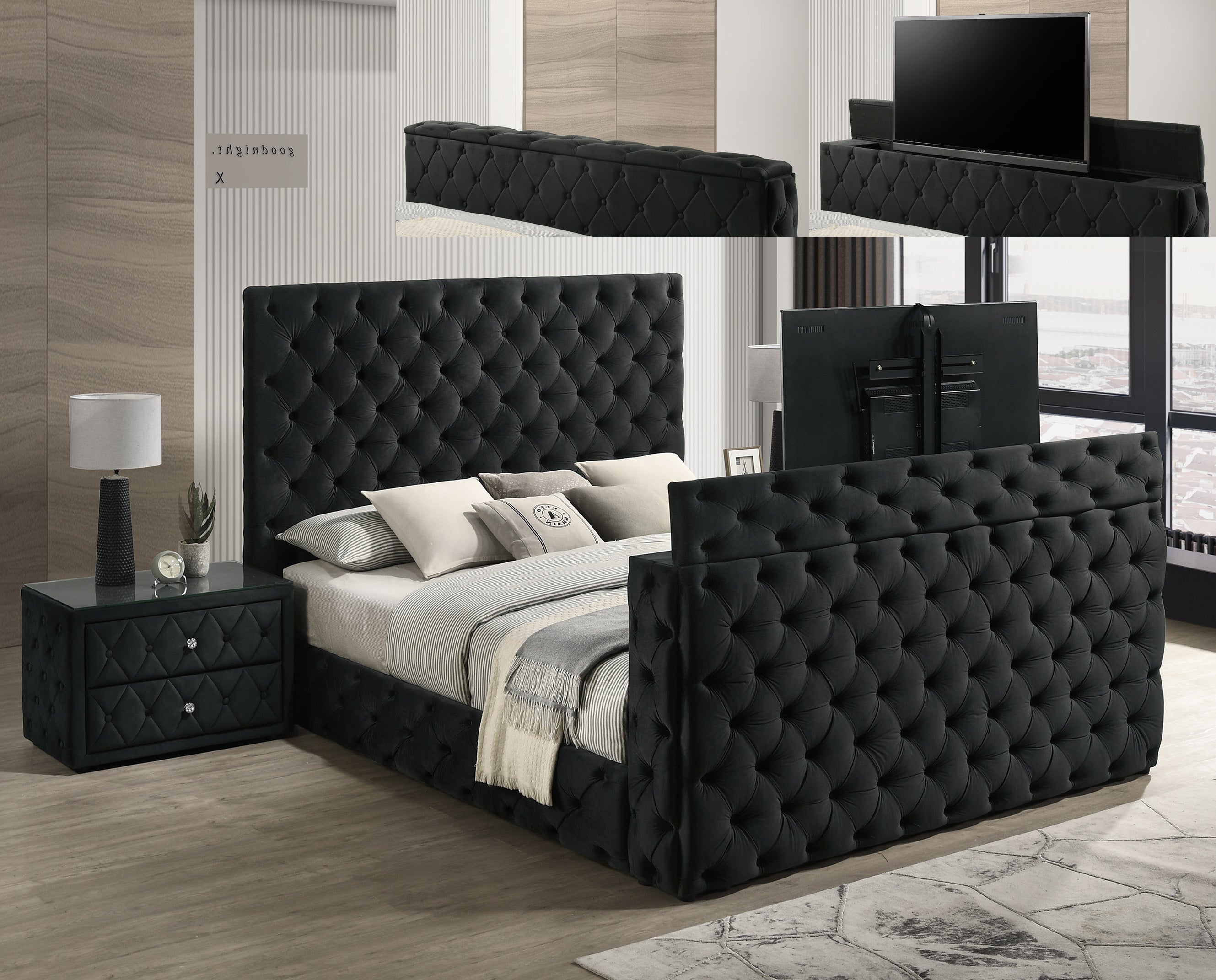 Josephine Black King Upholstered Panel Bed with TV Lift
