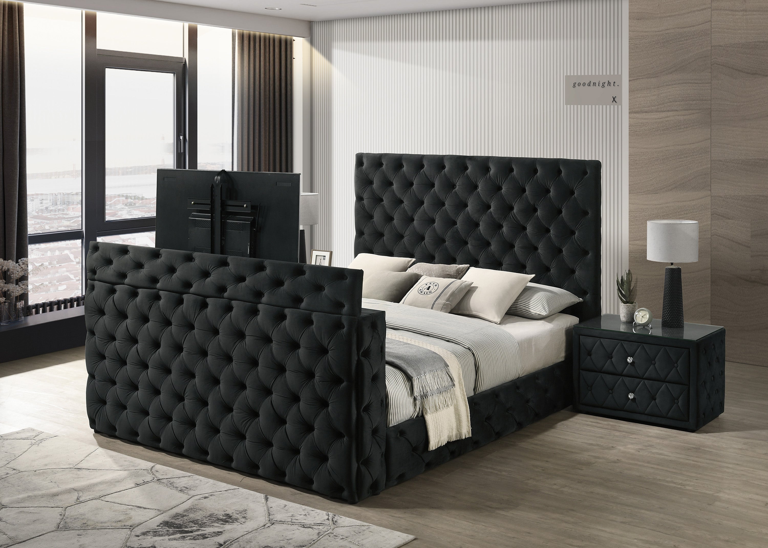 Josephine Black Queen Upholstered Panel Bed with TV Lift