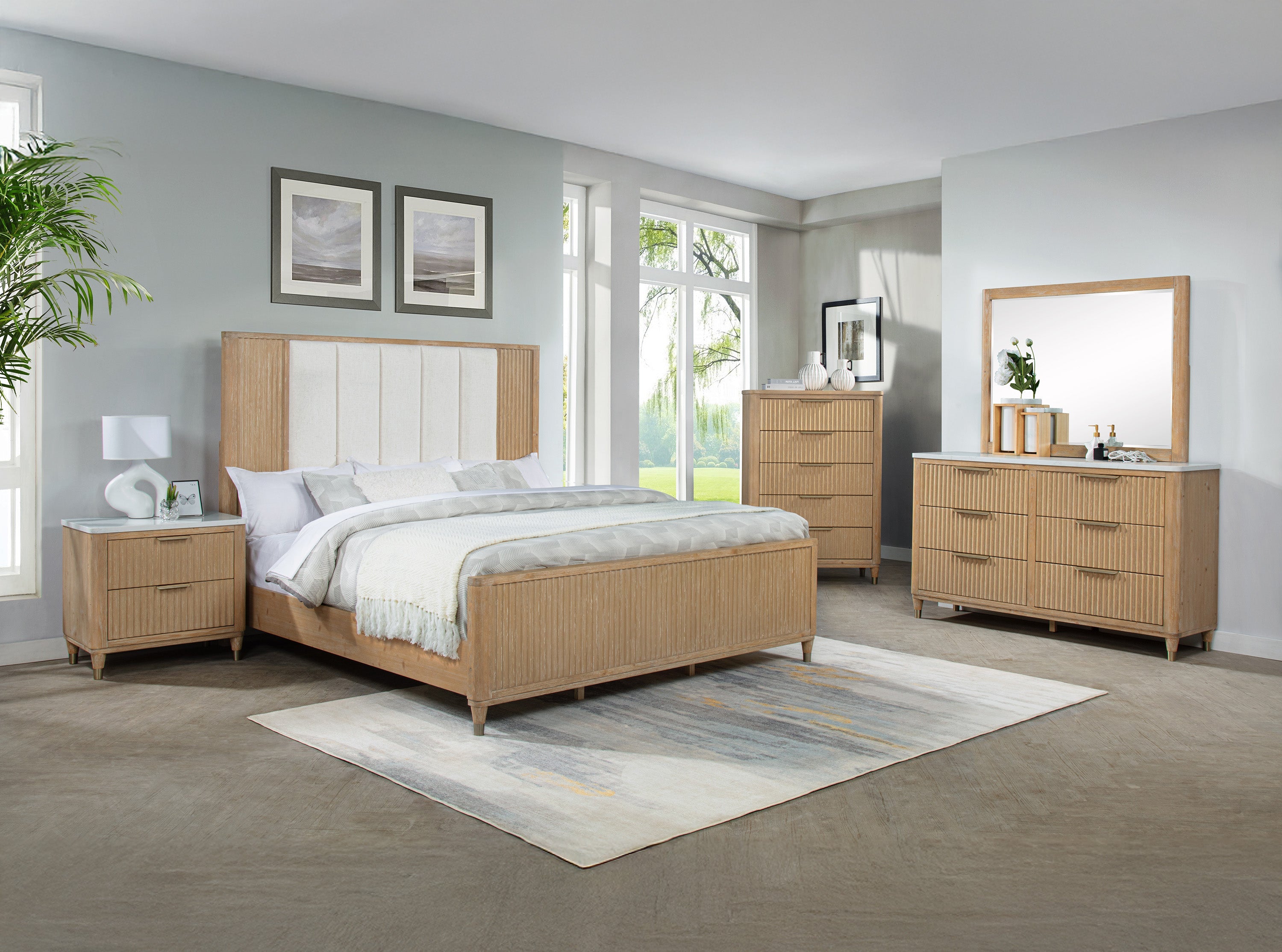 Kara Cerused Natural Upholstered Panel Bedroom Set