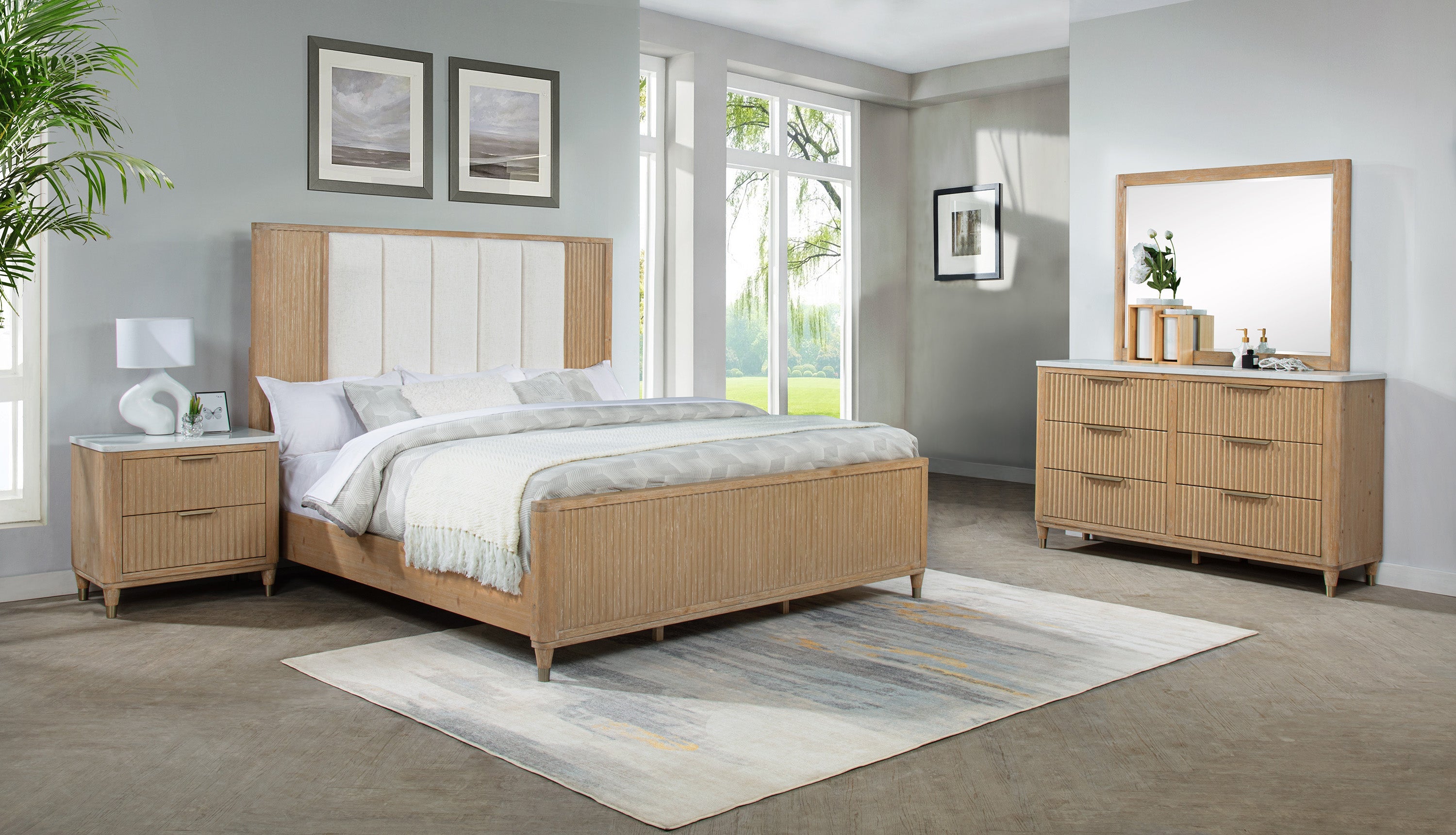 Kara Cerused Natural Upholstered Panel Bedroom Set