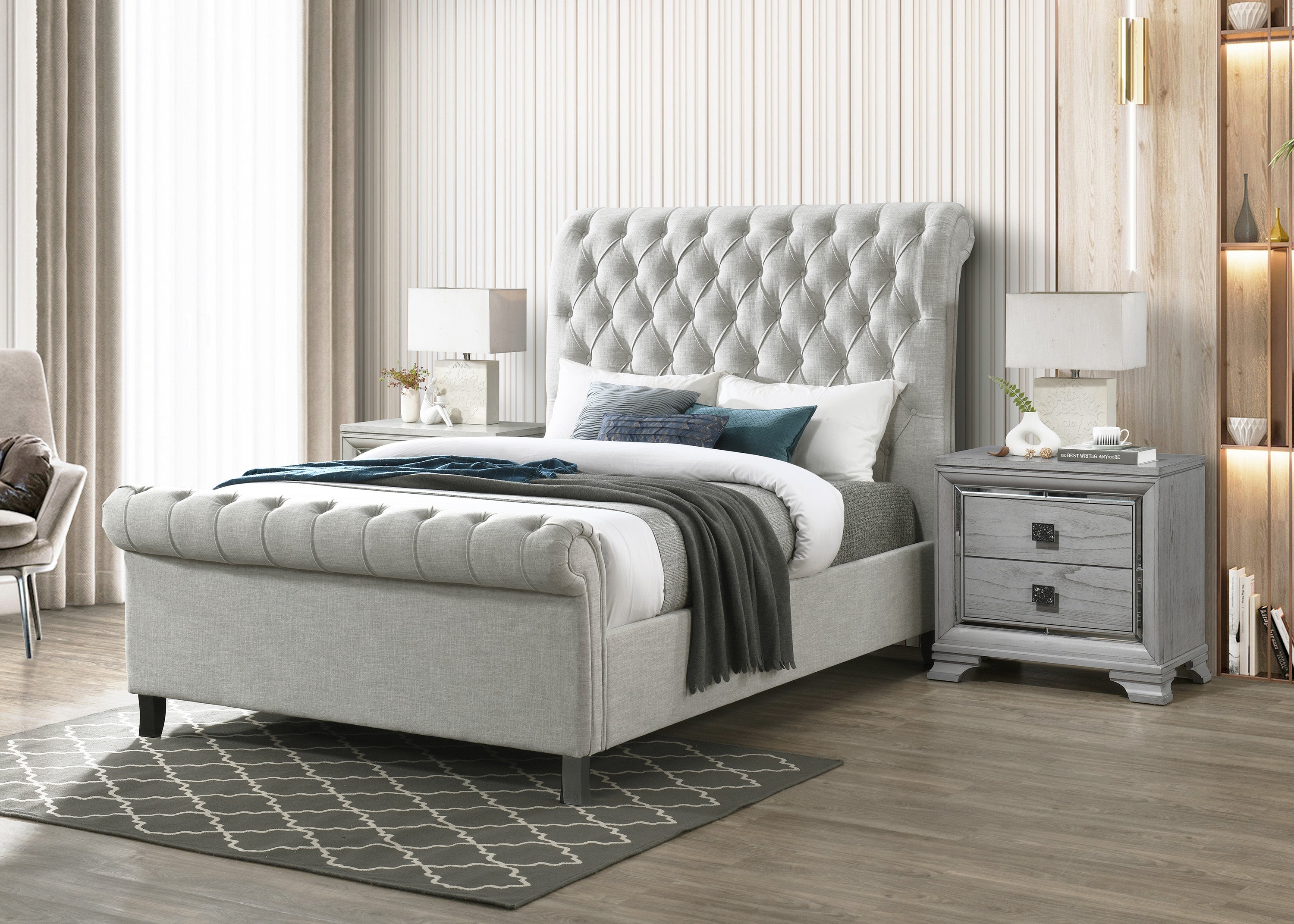 Kate Light Gray Queen Upholstered Sleigh Platform Bed
