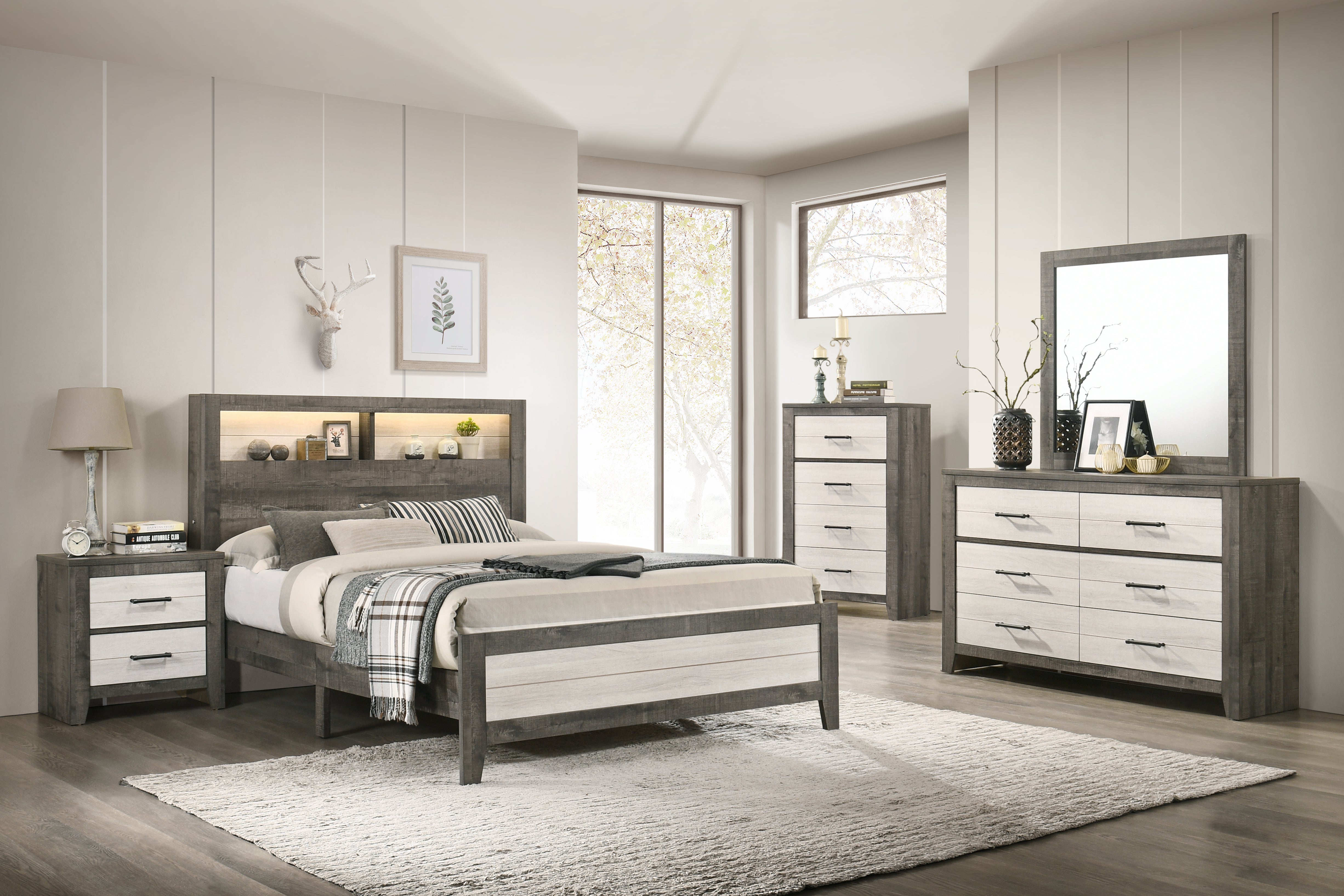 Rhett Brown/Cream LED Bookcase Platform Bedroom Set