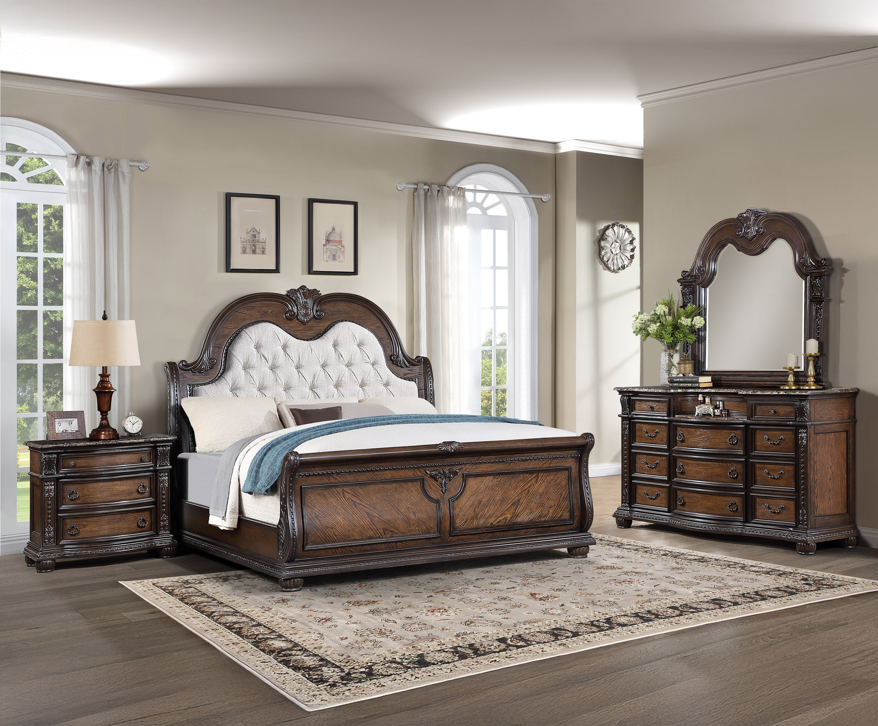 Stanley Coffee Brown Upholstered Sleigh Bedroom Set