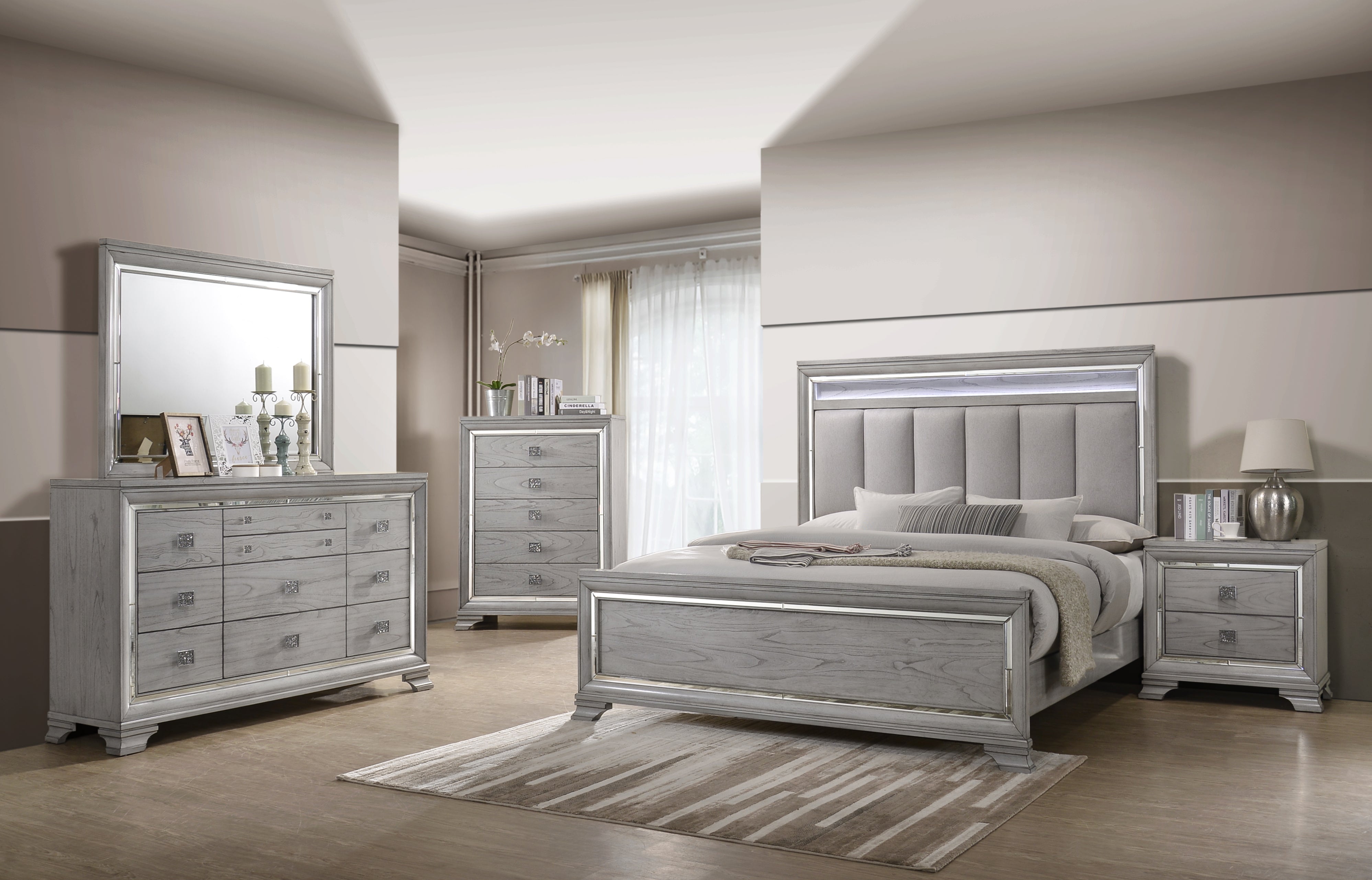 Vail Gray Queen LED Upholstered Panel Bed