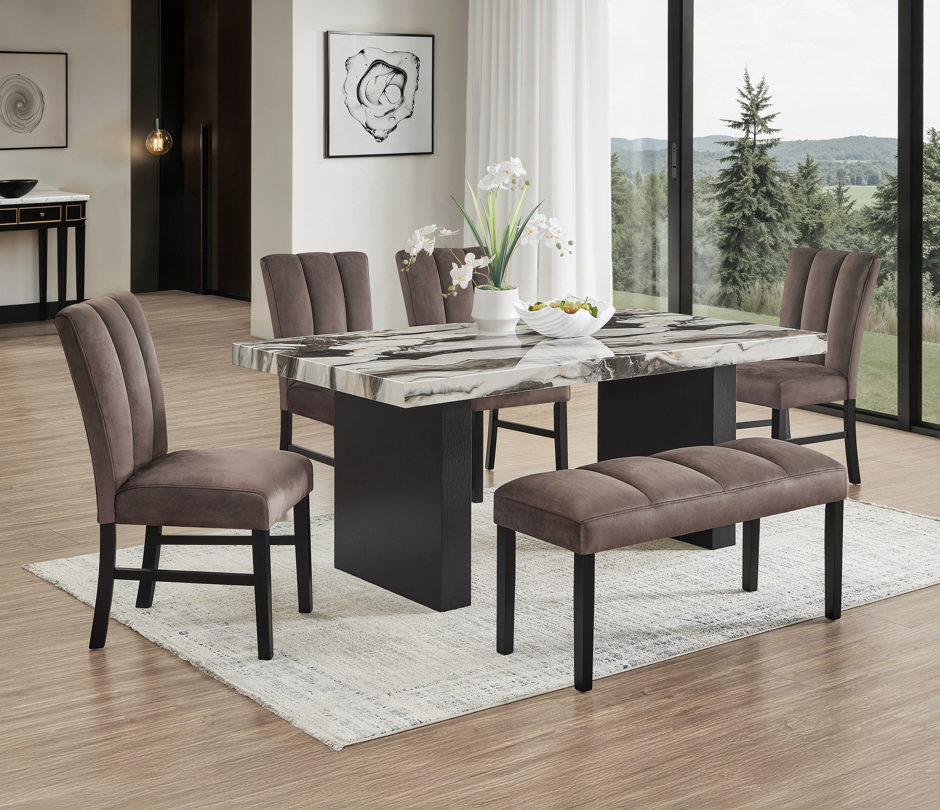 Vega Black/Brown Faux Marble Dining Set