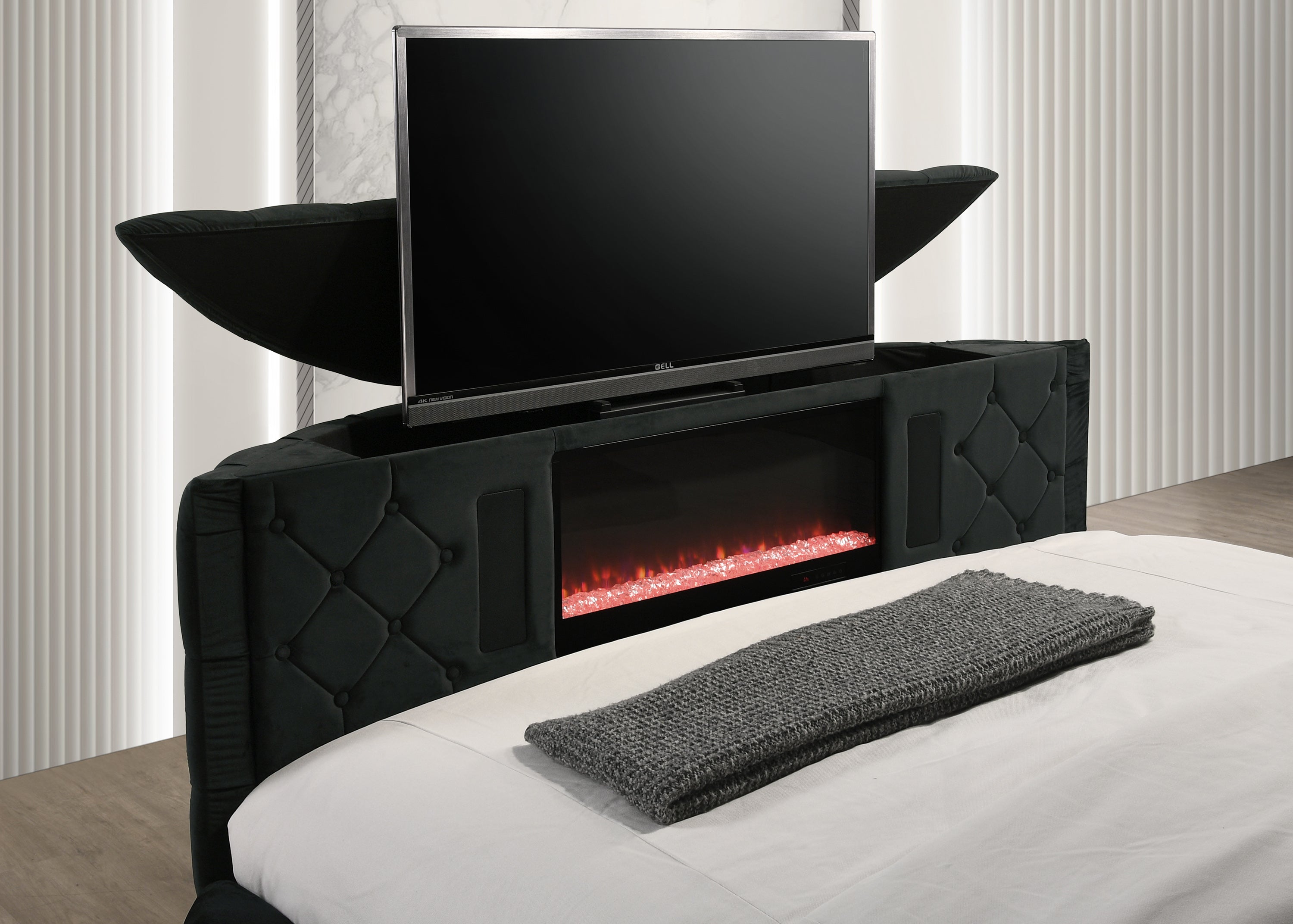 Voltare Black King Upholstered Fireplace Bed with TV Lift
